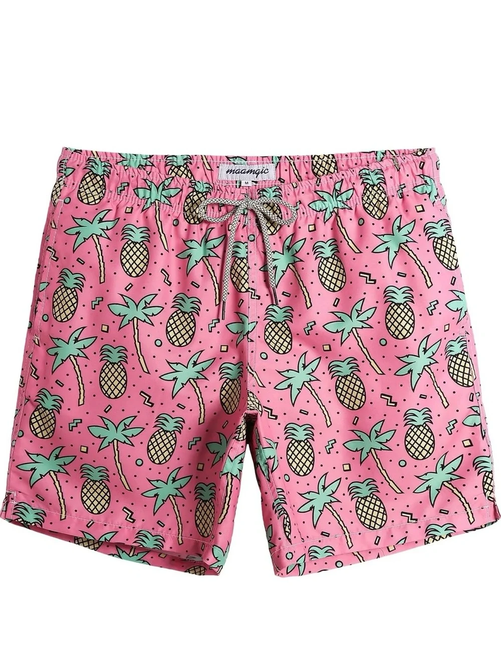 Men's Pink Pineapple Print Swim Trunks with Green Accents